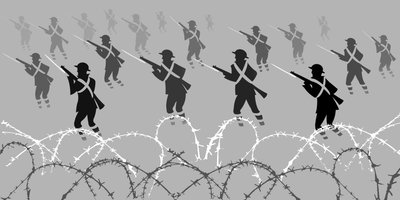 World War One soldiers with bayonets emerging from trenches by Neale Osborne